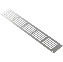 Grille d'aération rectangulaire en aluminium avec fentes d'aération parallèles pour meubles ou socles.
