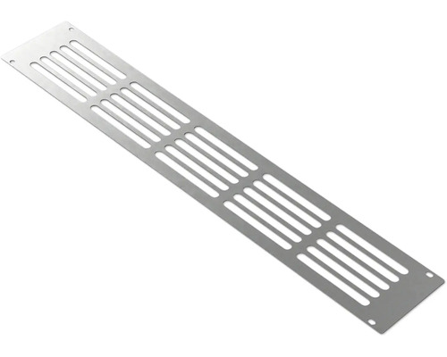 Grille d'aération rectangulaire en aluminium avec fentes d'aération parallèles pour meubles ou socles.