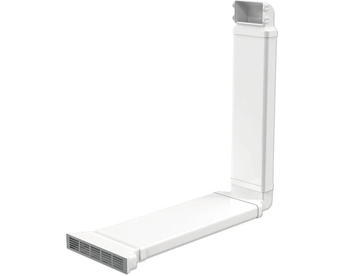 Kit de conduit de ventilation blanc en plastique en forme de L avec conduit plat, gaine verticale et grille d'aération.