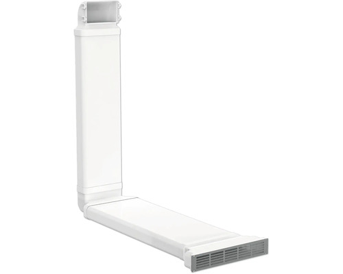 Système de gaine plate blanche en plastique pour installations de ventilation avec coude et grille d'aération.