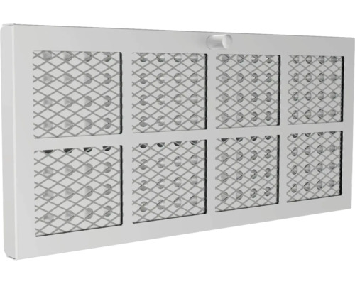 Grille de ventilation rectangulaire avec huit sections en maille et un bouton de réglage.