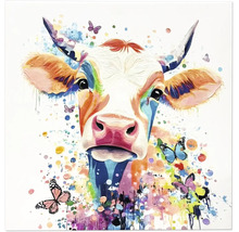 Tableau mural moderne sur toile avec motif de vache colorée et papillons dans un style artistique abstrait.