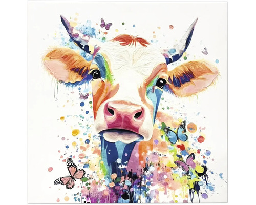 Tableau mural moderne sur toile avec motif de vache colorée et papillons dans un style artistique abstrait.