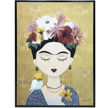 Tableau encadré représentant une femme de style Frida Kahlo avec couronne de fleurs, oiseau sur l'épaule et fond doré.