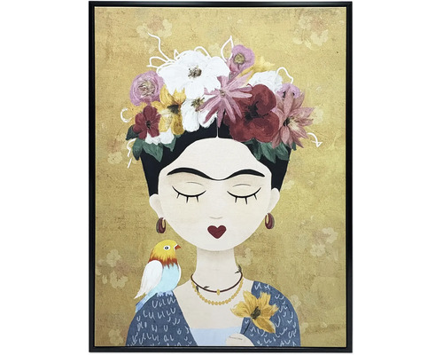 Tableau encadré représentant une femme de style Frida Kahlo avec couronne de fleurs, oiseau sur l'épaule et fond doré.