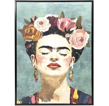 Tableau encadré avec un portrait peint d'une femme avec une couronne de fleurs et des cheveux foncés dans le style de Frida Kahlo.
