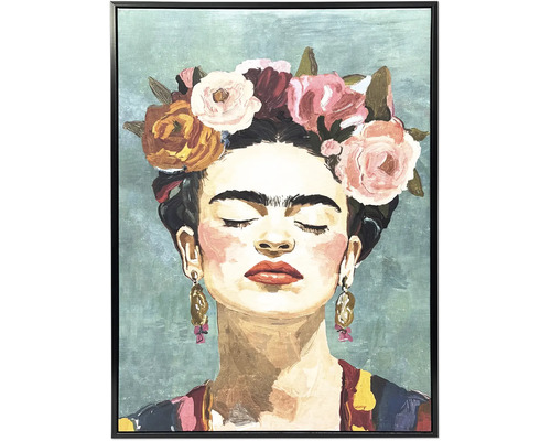 Tableau encadré avec un portrait peint d'une femme avec une couronne de fleurs et des cheveux foncés dans le style de Frida Kahlo.