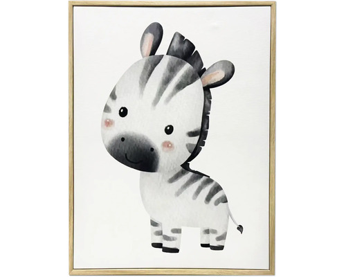Tableau pour chambre d'enfant avec une illustration d'un bébé zèbre de style aquarelle dans un cadre fin en bois.