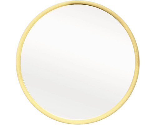 Runder Wandspiegel mit goldenem Rahmen.