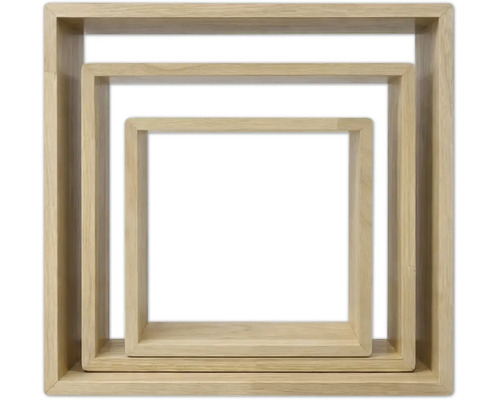 Dreiteiliges Wandregal-Set aus Holz in quadratischer Form, verschiedene Größen, ineinander verschachtelt.