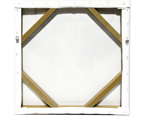 Vue arrière d'un châssis en bois avec toile tendue et fixations métalliques.