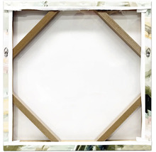 Vue arrière d'une toile carrée sur un châssis en bois avec des traverses diagonales et deux attaches métalliques.