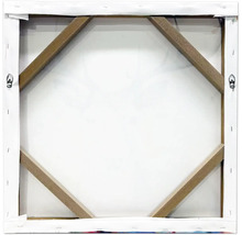 Vue arrière d'une toile carrée avec châssis en bois, renforts d'angle et attaches métalliques.