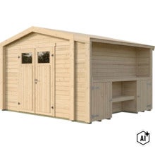 Abri de jardin en bois avec porte double et annexe latérale intégrée avec étagères et compartiments de rangement verrouillables. (Image AI modified or generated)