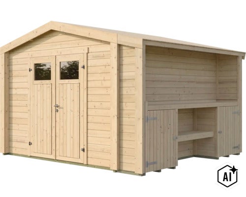 Abri de jardin en bois avec porte double et annexe latérale intégrée avec étagères et compartiments de rangement verrouillables. (Image AI modified or generated)