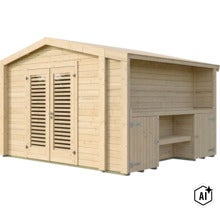 Abri de jardin en bois naturel avec double porte et extension latérale avec surface de rangement et deux portes (Image AI modified or generated)