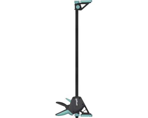 Wolfcraft Einhandzwinge PRO in Schwarz und Türkis mit ergonomischem Griff und Stahlschiene zum Spannen von Werkstücken.
