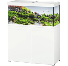 EHEIM Aquarium-Kombination mit weißem Unterschrank und Glasbecken inklusive Aquascaping-Inneneinrichtung mit Wasserpflanzen und Fischen.