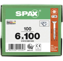 SPAX Logo sur un emballage de vis, 6 par 100 millimètres, 100 pièces, entraînement T 30, zingué, fabriqué en Allemagne, certifié SKH et CE.