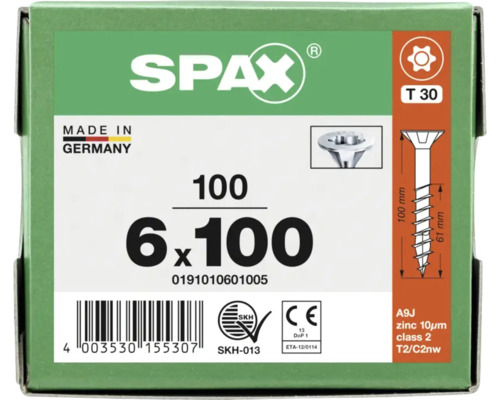 SPAX Logo sur un emballage de vis, 6 par 100 millimètres, 100 pièces, entraînement T 30, zingué, fabriqué en Allemagne, certifié SKH et CE.