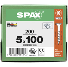 SPAX Logo, vis universelle 5 par 100 millimètres, tête fraisée, T 20, 200 pièces, zinguée, Made in Germany, marquage CE.