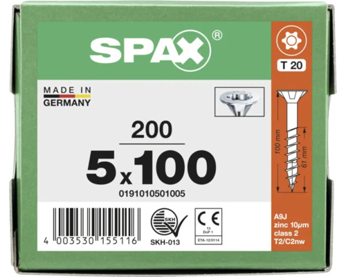 SPAX Logo, vis universelle 5 par 100 millimètres, tête fraisée, T 20, 200 pièces, zinguée, Made in Germany, marquage CE.