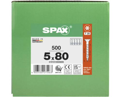 Packung mit 500 SPAX Schrauben, Größe 5 mal 80 Millimeter, T 20 Antrieb, Made in Germany, WIROX Beschichtung.