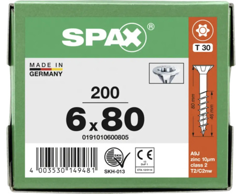 SPAX Logo, Universalschrauben 6 mal 80 Millimeter, 200 Stück, Torx T30 Antrieb, verzinkt, Made in Germany, CE Kennzeichnung und SKH Gütesiegel.
