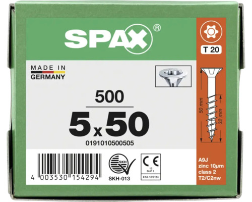 Vis universelle SPAX 5 par 50 millimètres, 500 pièces, entraînement T 20, zinguée, logo Made in Germany, marquage CE, label de qualité SKH.
