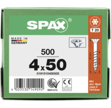 Emballage de 500 vis SPAX, dimensions 4 par 50 millimètres, empreinte Torx 20, fabriqué en Allemagne.