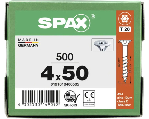 Emballage de 500 vis SPAX, dimensions 4 par 50 millimètres, empreinte Torx 20, fabriqué en Allemagne.