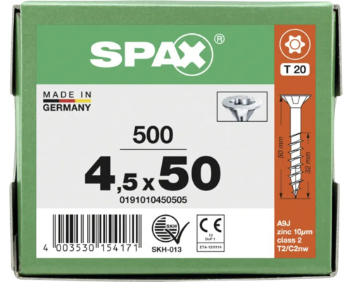 SPAX Schrauben 4,5 mal 50 Millimeter, T20 Antrieb, 500 Stück, verzinkt, Senkkopf, Made in Germany.