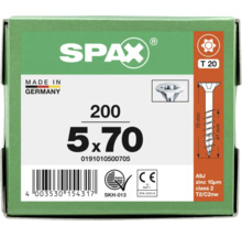 SPAX Logo. Vis universelle 5 par 70 millimètres, 200 pièces, T 20, tête fraisée, filetage partiel, zingué, fabriqué en Allemagne.