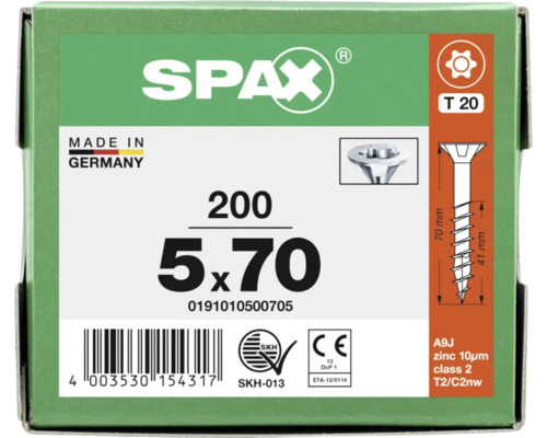 SPAX Logo. Vis universelle 5 par 70 millimètres, 200 pièces, T 20, tête fraisée, filetage partiel, zingué, fabriqué en Allemagne.