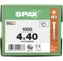 SPAX Logo. Made in Germany. 1000 vis universelles 4 par 40 millimètres, tête fraisée, T20, filetage partiel, zingué, conforme CE, certifié SKH.