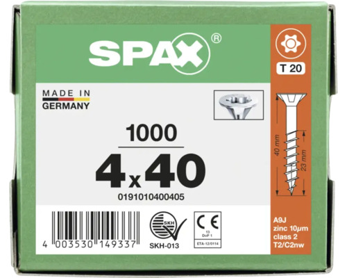 SPAX Logo. Made in Germany. 1000 vis universelles 4 par 40 millimètres, tête fraisée, T20, filetage partiel, zingué, conforme CE, certifié SKH.