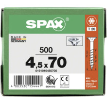 SPAX Logo op enger Këscht Universalschrauwen, 500 Stéck, Gréisst 4,5 mol 70 Millimeter, Undriff T 20, Made in Germany.