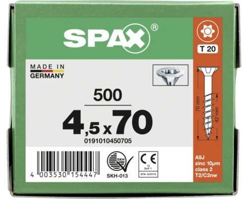 SPAX Logo op enger Këscht Universalschrauwen, 500 Stéck, Gréisst 4,5 mol 70 Millimeter, Undriff T 20, Made in Germany.