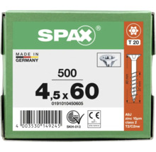 Verpackung mit 500 SPAX Schrauben, Größe 4,5 mal 60 Millimeter, Torx 20 Antrieb, verzinkt, Made in Germany.