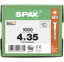 Vis universelle SPAX 4 par 35 millimètres, tête fraisée, Torx 20, zinguée, 1000 pièces, fabriqué en Allemagne.