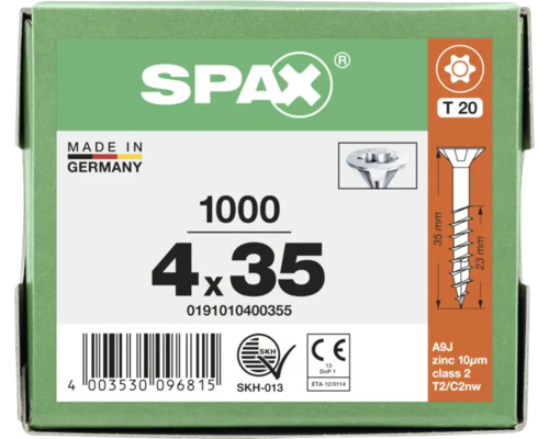 Vis universelle SPAX 4 par 35 millimètres, tête fraisée, Torx 20, zinguée, 1000 pièces, fabriqué en Allemagne.