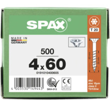 Vis SPAX 4 par 60 millimètres, 500 pièces, Torx T20, tête fraisée, zingué.