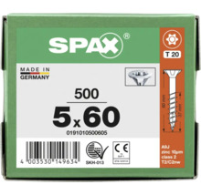 Boîte de 500 vis SPAX, 5 par 60 millimètres, empreinte Torx T20, tête fraisée, Made in Germany, marquage CE.