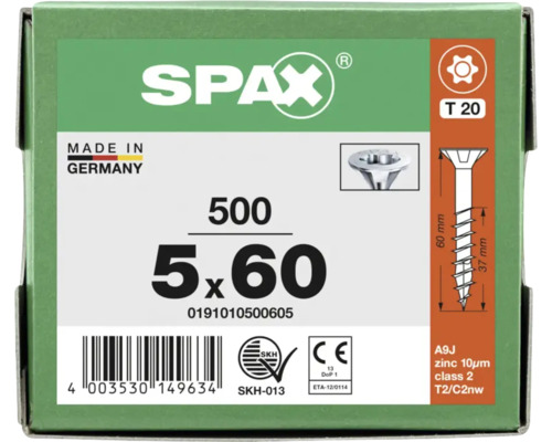 Boîte de 500 vis SPAX, 5 par 60 millimètres, empreinte Torx T20, tête fraisée, Made in Germany, marquage CE.
