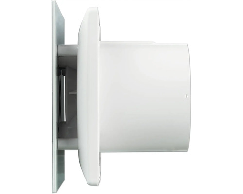 Ventilateur de salle de bains en plastique blanc, vue latérale.