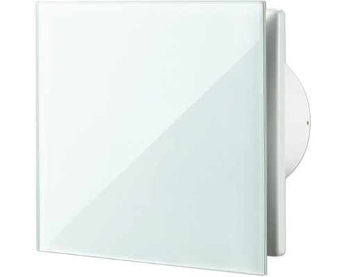 Ventilateur d'extraction blanc carré avec façade en verre pour salles de bains.