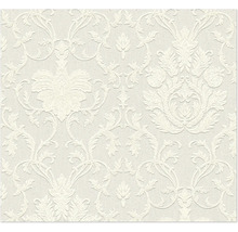 Papier peint intissé structuré en crème avec un motif damassé classique d'ornements floraux.