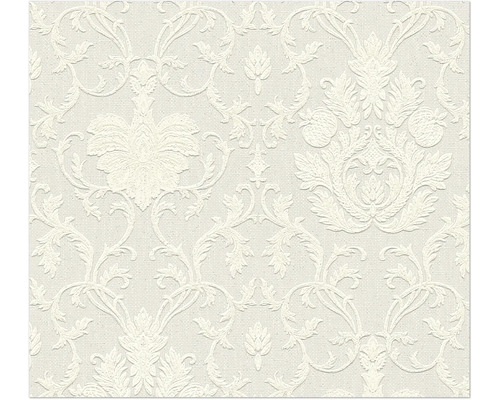 Papier peint intissé structuré en crème avec un motif damassé classique d'ornements floraux.