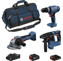 Set Bosch Professional 18 Volt comprenant une perceuse-visseuse, une meuleuse d'angle, un perforateur, un chargeur, deux batteries et un sac à outils.