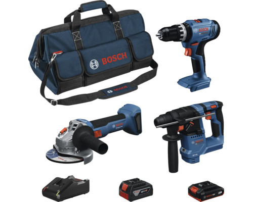 Set Bosch Professional 18 Volt comprenant une perceuse-visseuse, une meuleuse d'angle, un perforateur, un chargeur, deux batteries et un sac à outils.